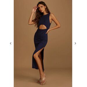 NWOT Lulus "Cut to the Feeling" Navy Blue Ribbed Cutout Bodycon Midi Dress